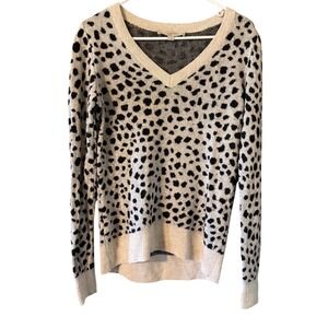 LOFT Womens V-Neck Animal Print Spotted Wool Blend Pullover Sweater Ivory Small